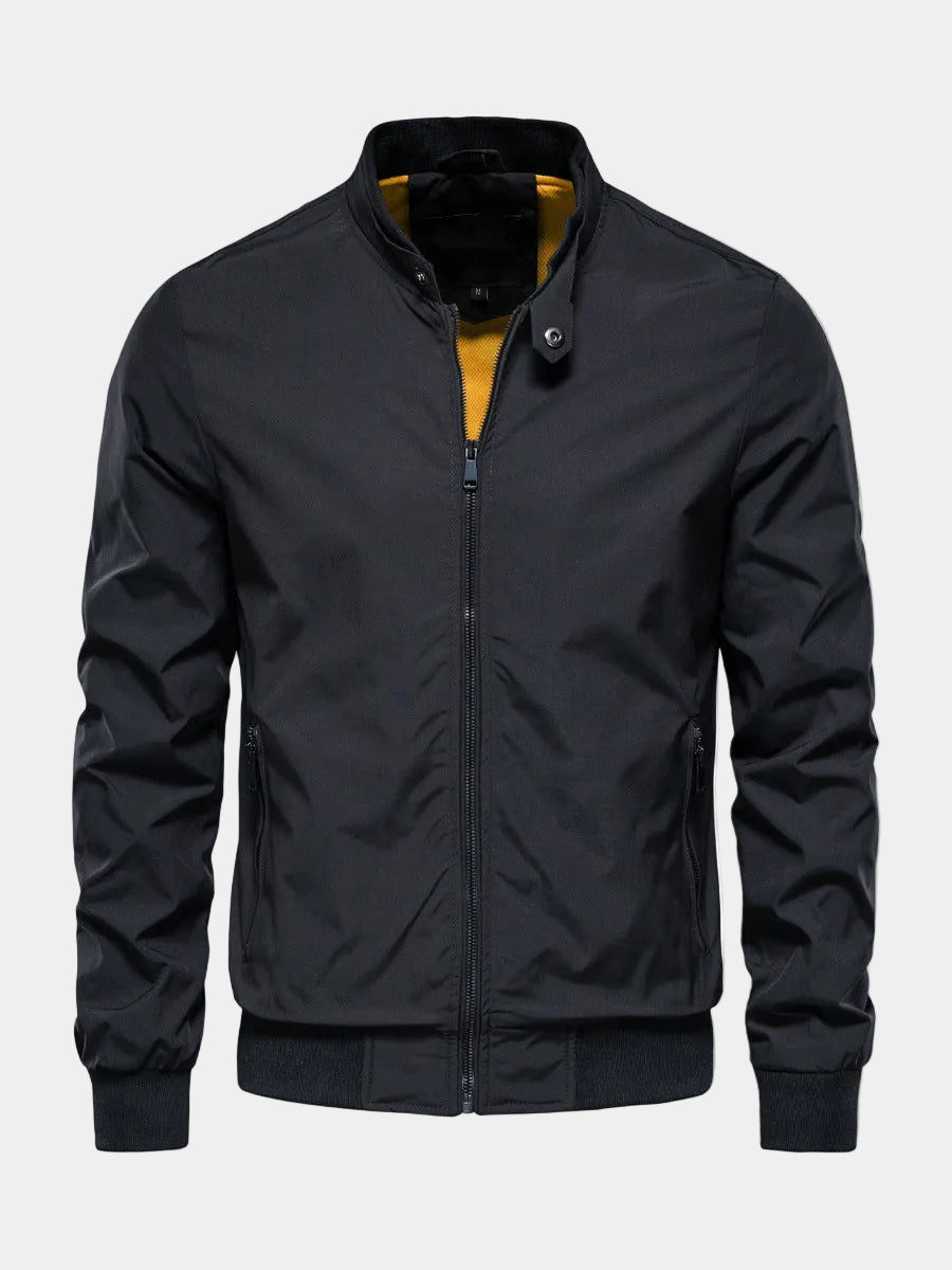 Black Stealth Onyx bomber jacket by Montara & Crest, slim fit design with lightweight, wind-resistant material.