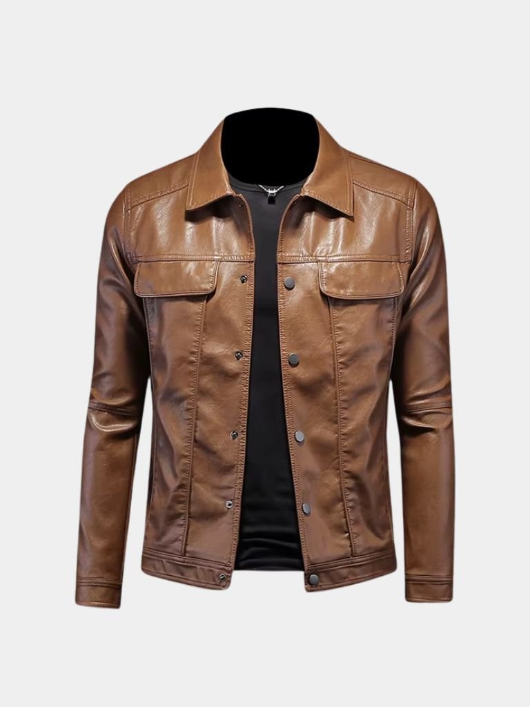 Bronze rebel leather jacket by Montaracrest featuring a stylish design with cross crown detail, ideal for a bold fashion statement.