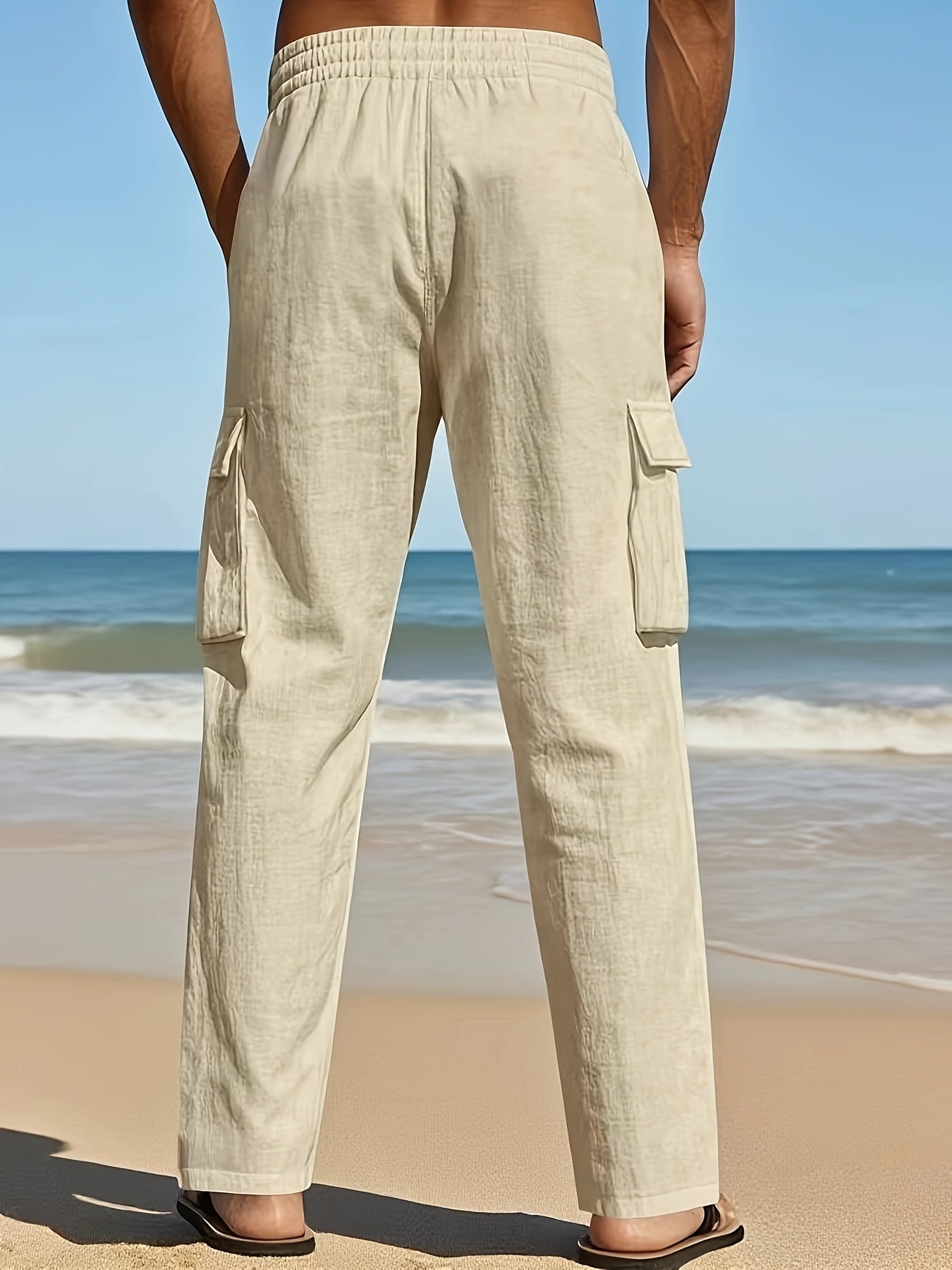 Montara & Crest linen pants shown in natural beige fabric, relaxed fit with adjustable waistband and side pockets.