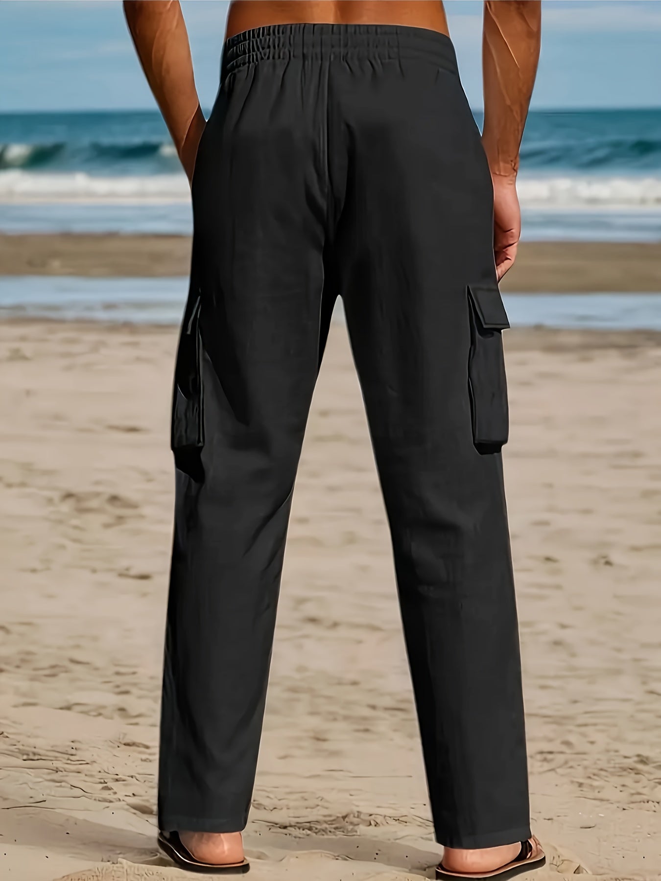 Montara & Crest linen pants shown in natural beige fabric, featuring a relaxed fit with waistband and side pockets.