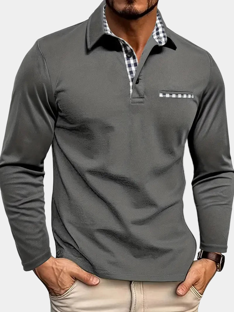 Montaracrest men's long-sleeve polo shirt in classic design, shown in a close-up image highlighting fabric and collar details.