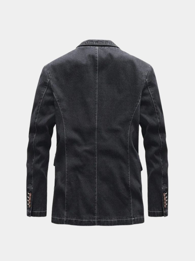 Montaracrest denim Covenant blazer jacket featuring a tailored fit and cross crown design on the front.