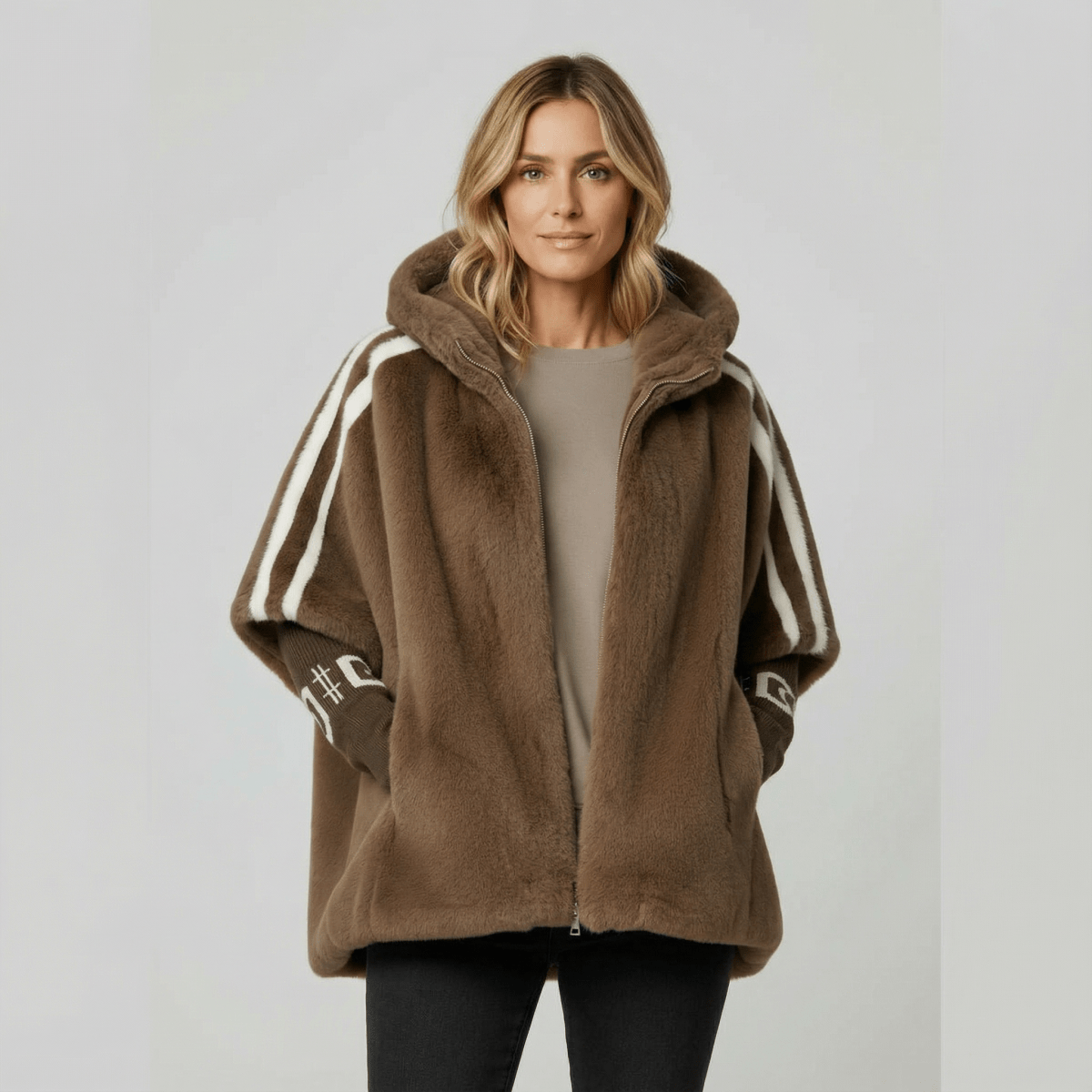 Donna Montaracrest hooded jacket featuring a stylish design, front zipper, and adjustable drawstrings on the hood.