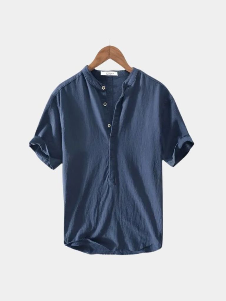 Light beige linen shirt with short sleeves by Montaracrest, featuring a simple, breathable design perfect for casual wear.