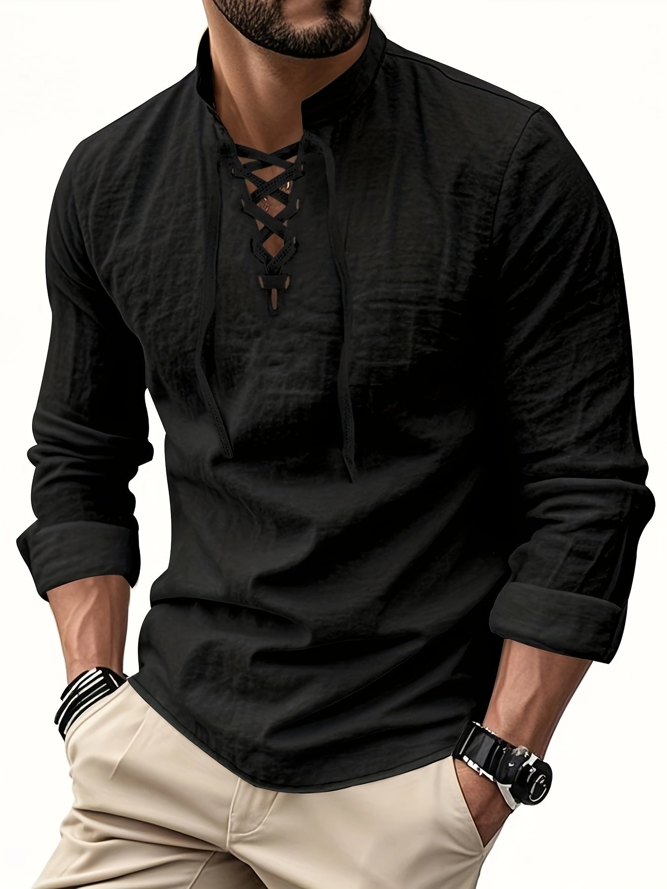 Montara & Crest V-neck shirt displayed on a hanger, featuring a soft fabric and classic fit in a neutral color.