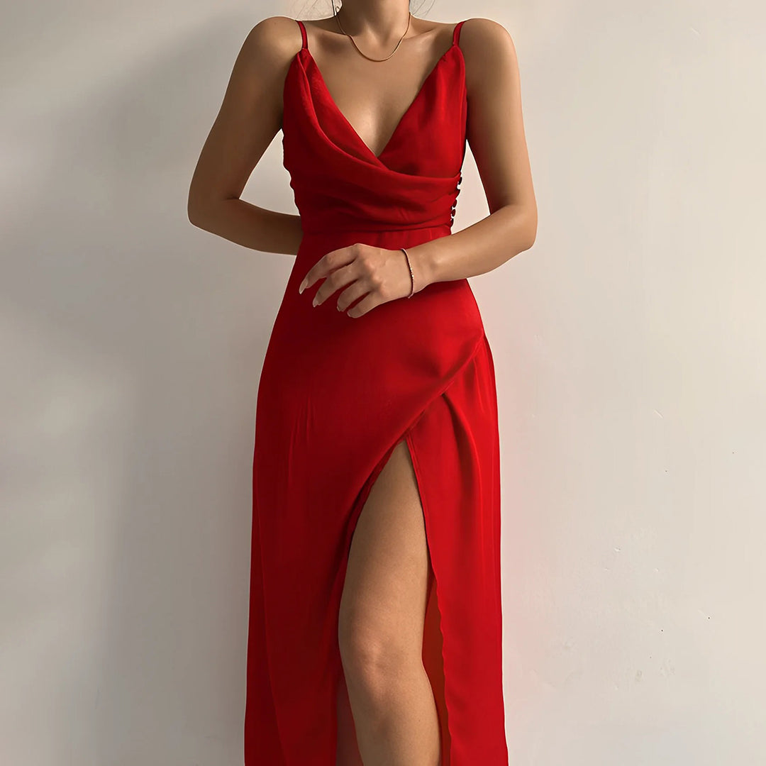 Long slip dress with side slit by Montaracrest, elegant flowing fabric, and stylish design perfect for formal or casual wear.