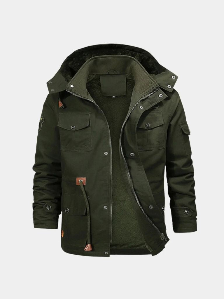 Montaracrest fleece hooded bomber jacket with cross crown design, featuring a cozy fleece fabric and stylish hood.