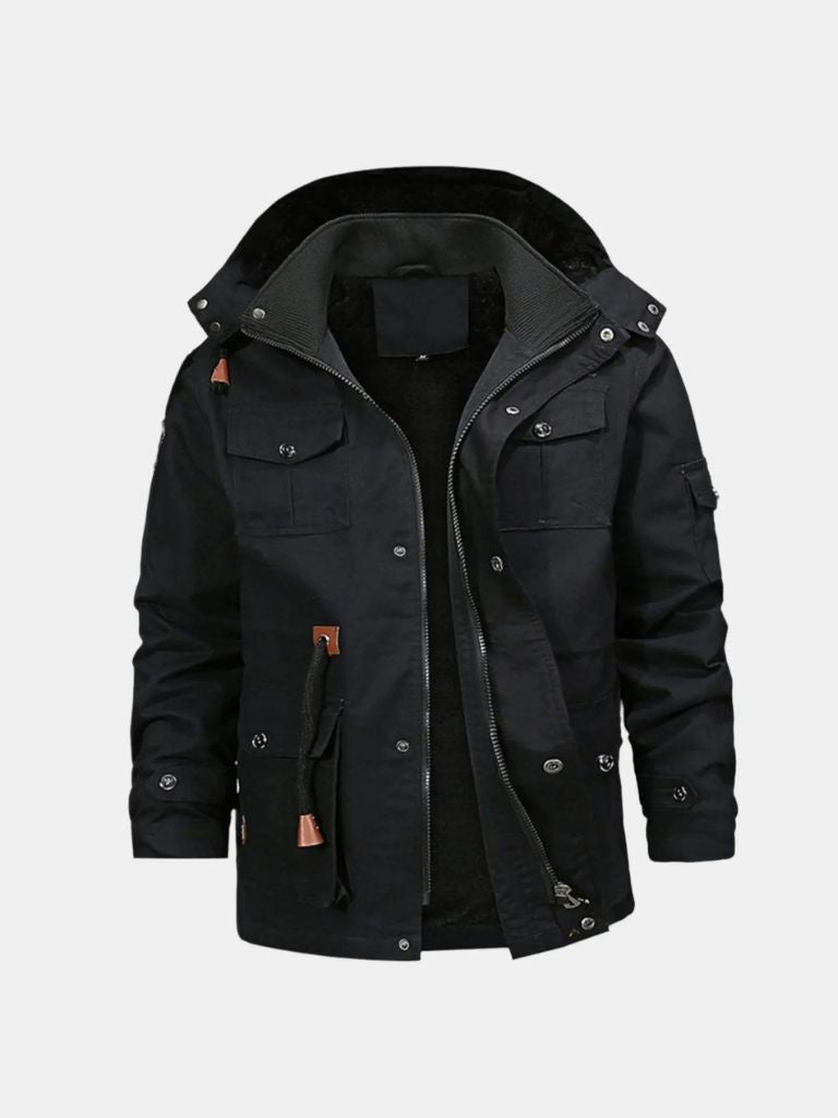 Montaracrest fleece hooded bomber jacket with cross crown design, featuring a stylish, cozy jacket with a front zipper and hood.