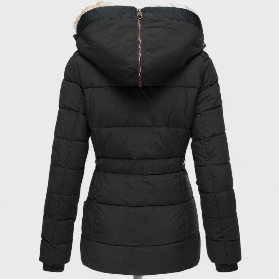 Montaracrest Annamarie puffer coat with hood, slim fit design, black color, shown with front view and quilted texture.