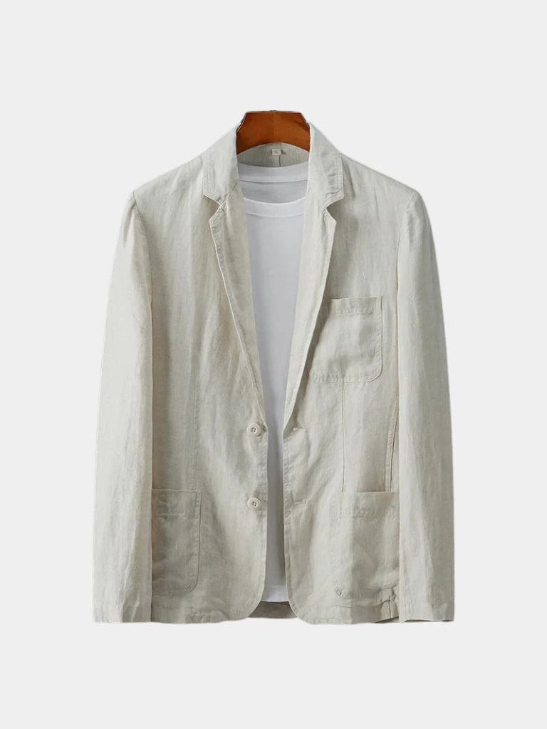 Montaracrest Gianni summer linen blazer, stylish men's jacket with a cross-crown design, perfect for warm-weather wear.
