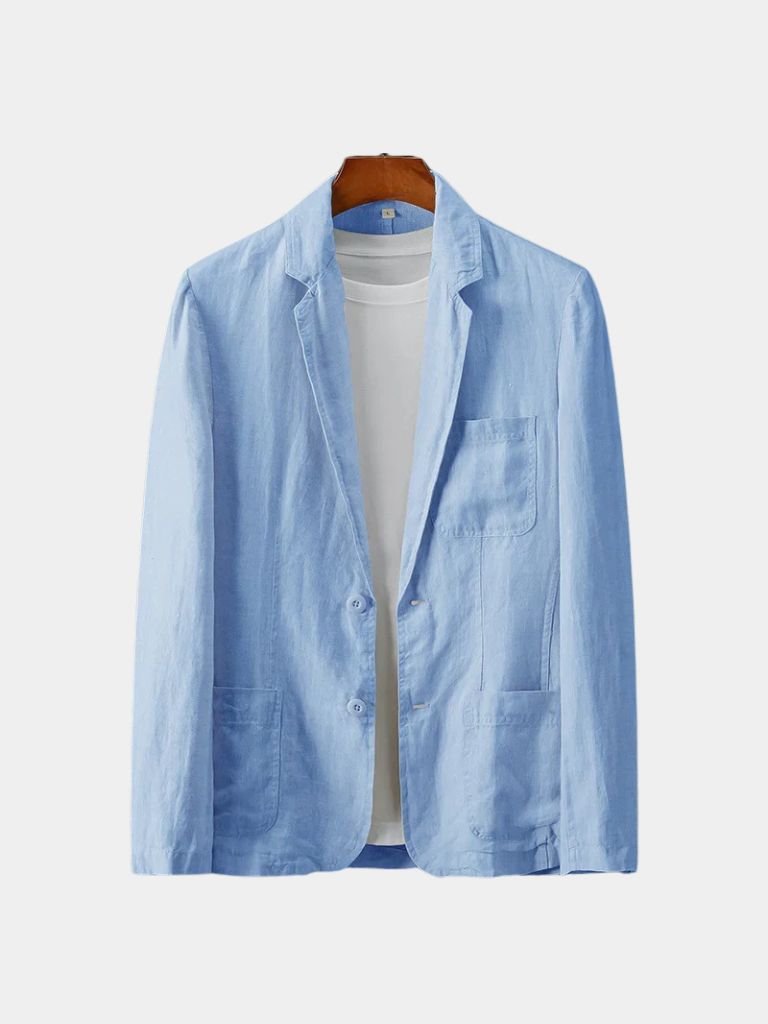 Light beige Gianni summer linen blazer by Montaracrest, shown on a hanger with a tailored fit and classic collar detail.