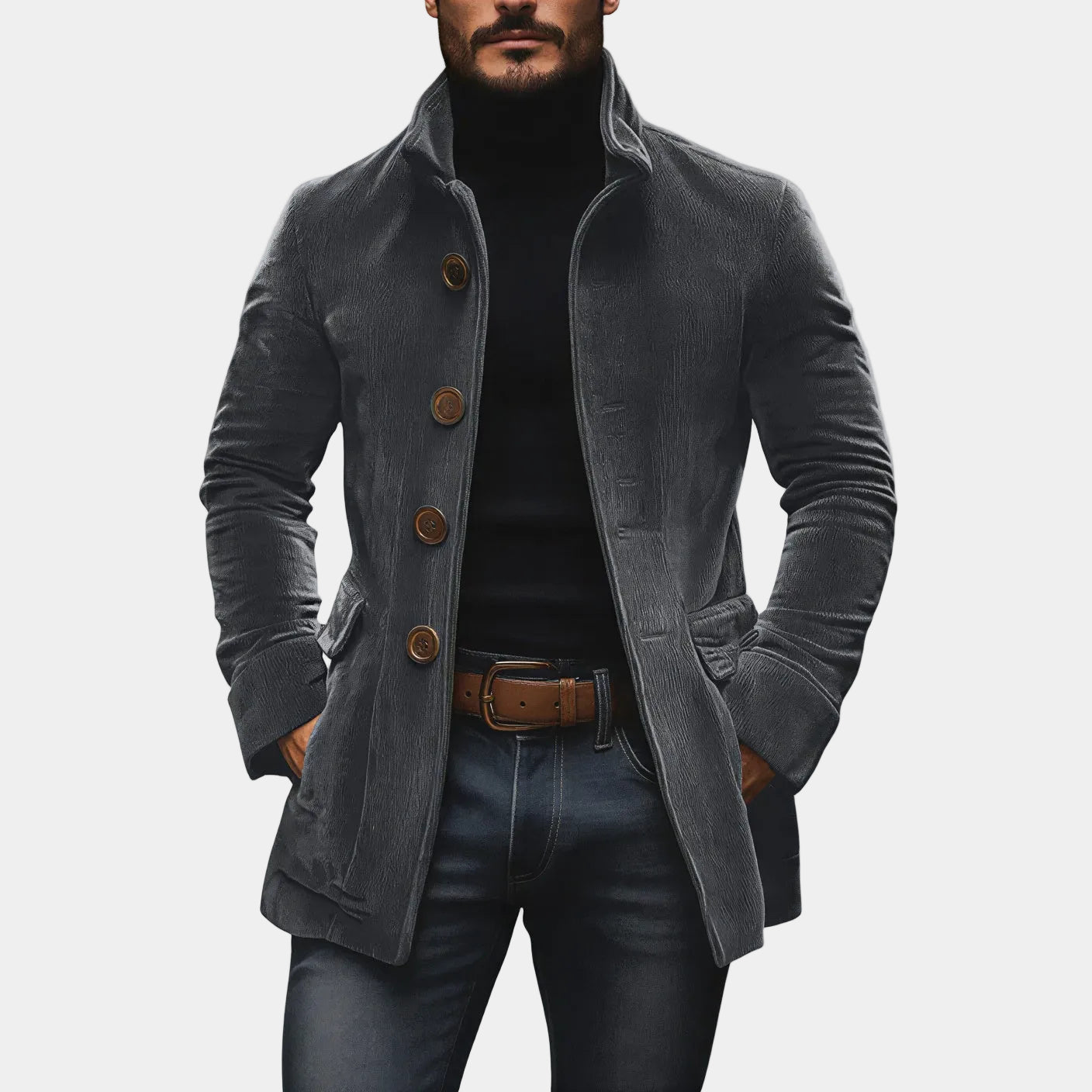Gray ROVESSA ROMA men's cotton ribbed jacket by Montaracrest, shown on a hanger with a close-up of the fabric texture.