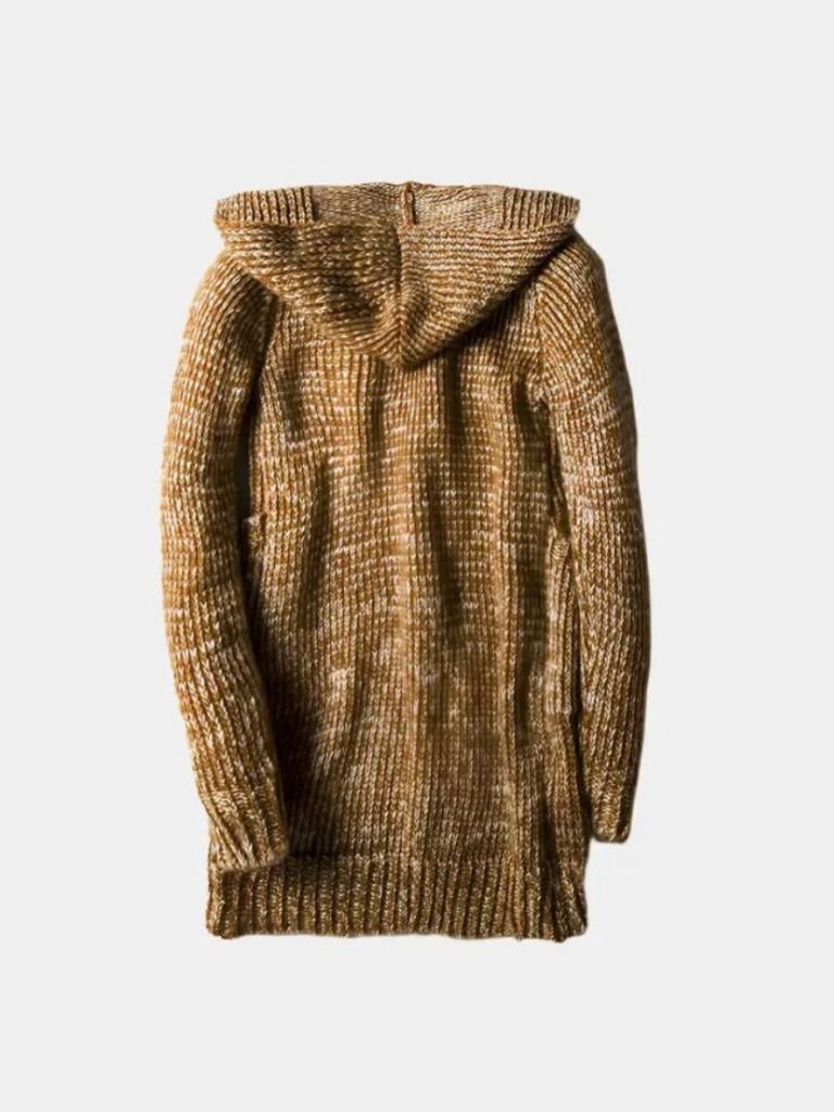 Montaracrest Himalaya knit hoodie jacket with a cross crown design, featuring a cozy hood and stylish knit texture.