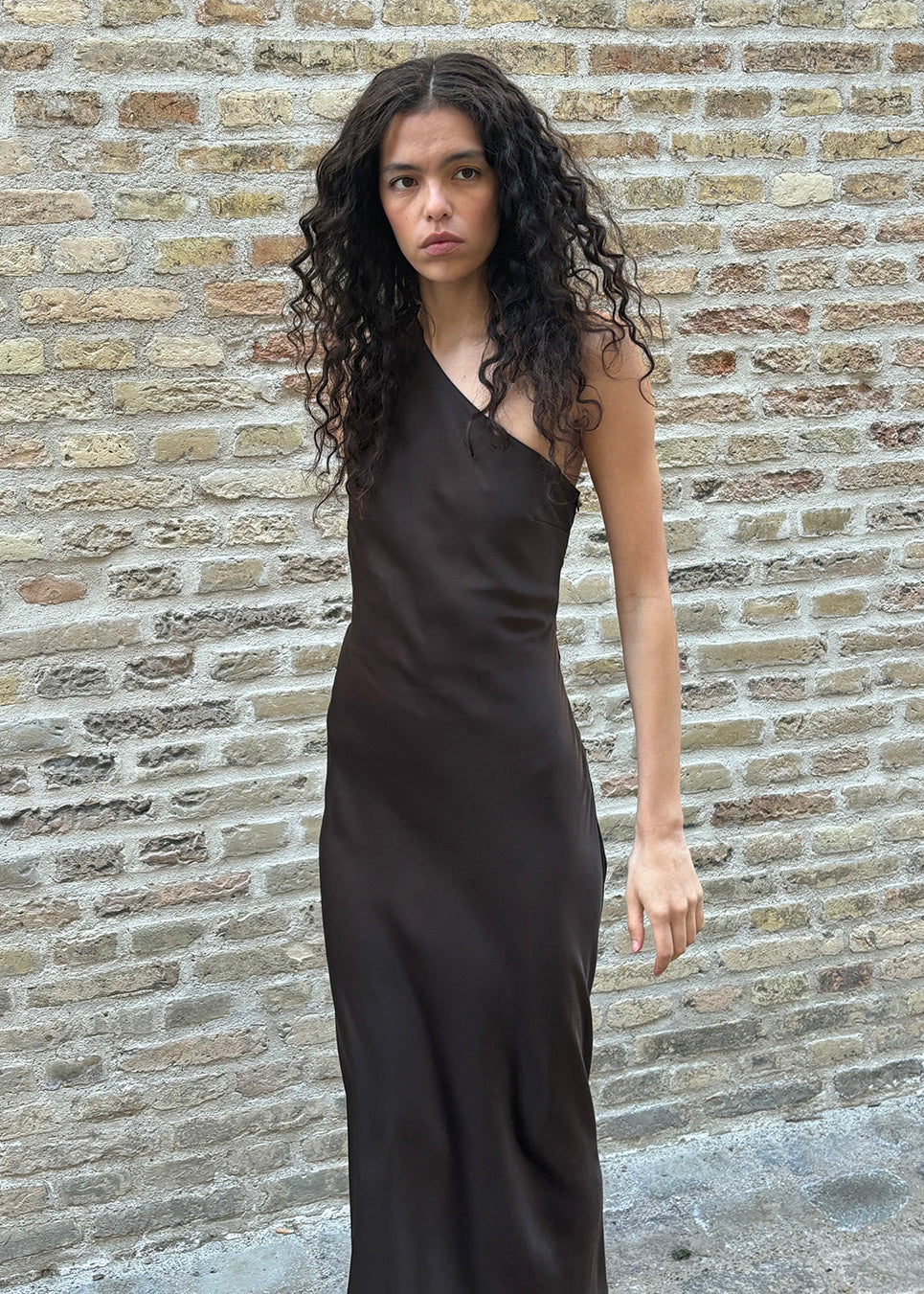 Seal brown Narcissamd dress by Montaracrest featuring elegant fabric and stylish design, perfect for sophisticated occasions.