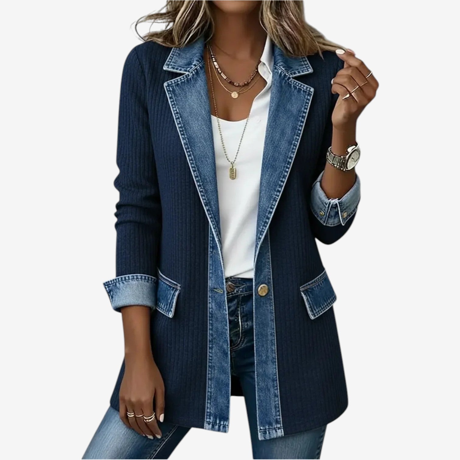 Montaracrest Emilia™ denim jacket in misto fabric, featuring classic design with front pockets and button closure.