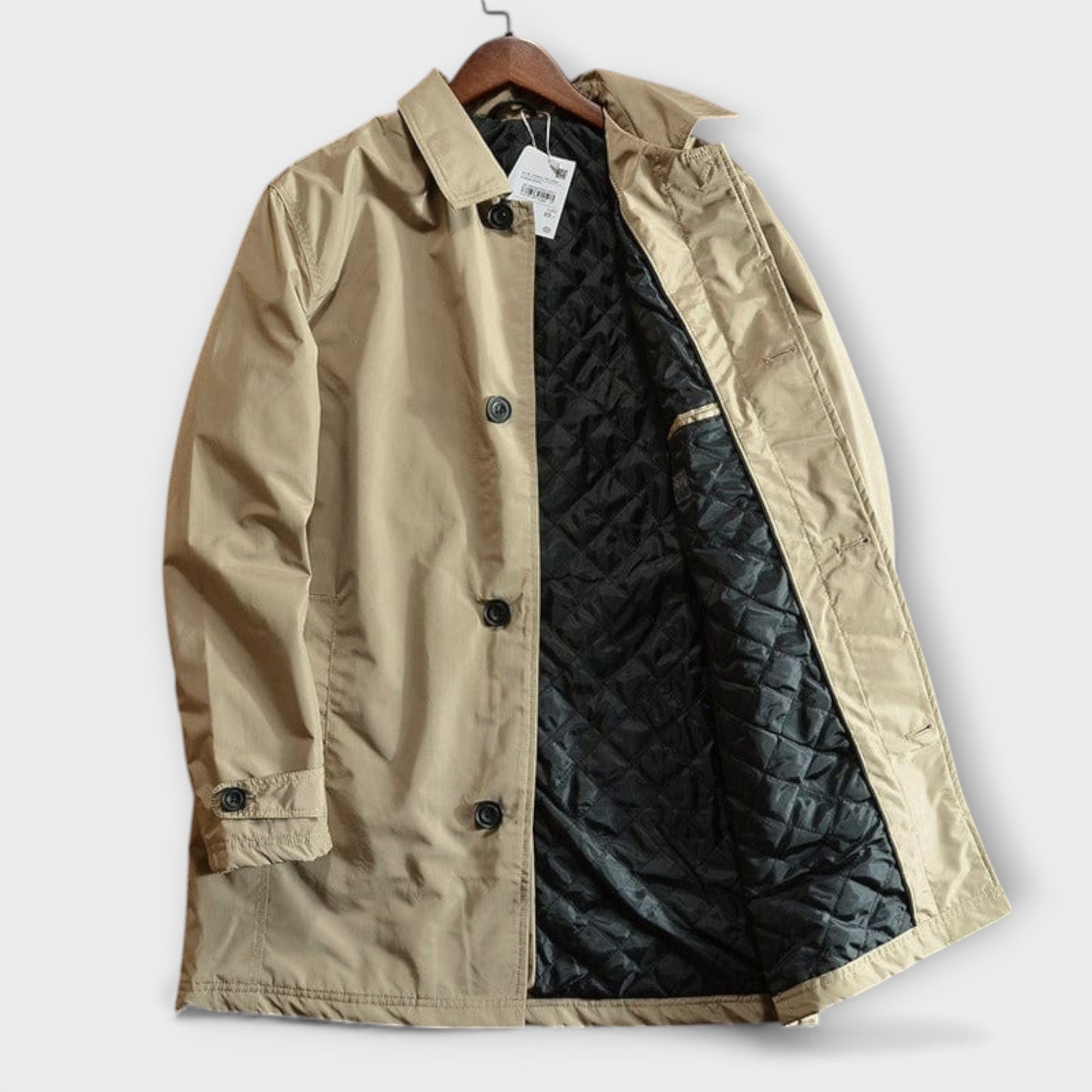 Alessandro™ Hareth waterproof coat in black with a sleek design, shown on a hanger against a neutral background.