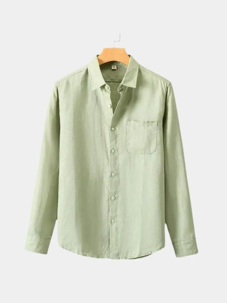Montaracrest long-sleeve linen shirt with a simple, elegant design, featuring a classic collar and relaxed fit.