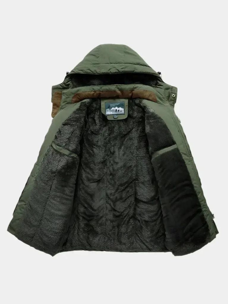 Montaracrest military-style hooded jacket with cross crown design, featuring a rugged, camouflage-inspired look and adjustable hood.