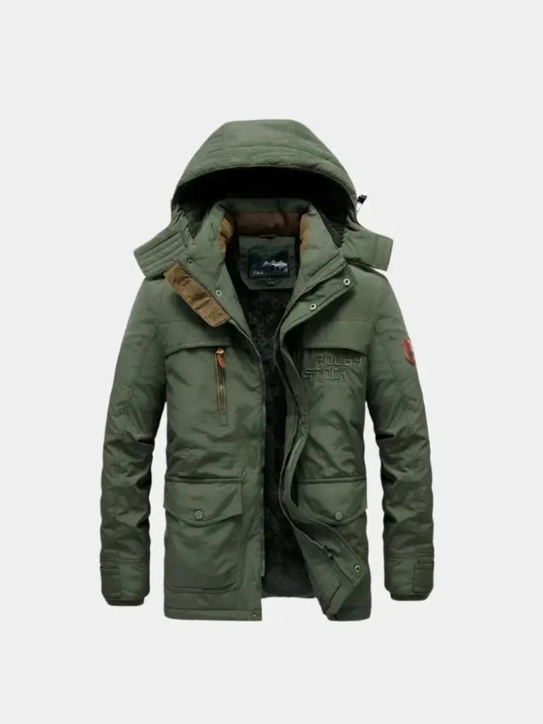 Montaracrest military-style hooded jacket with cross crown design, featuring a durable fabric and functional hood, outdoor-ready.