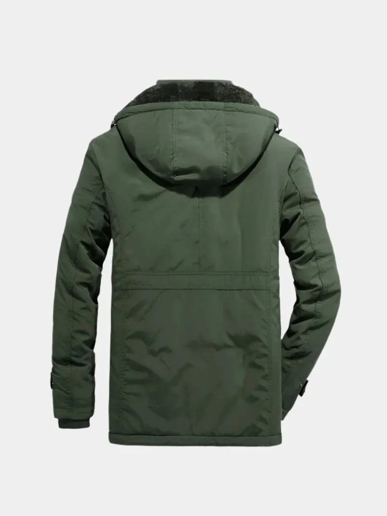 Montaracrest military-style hooded jacket with cross crown design, featuring a durable fabric and adjustable hood.