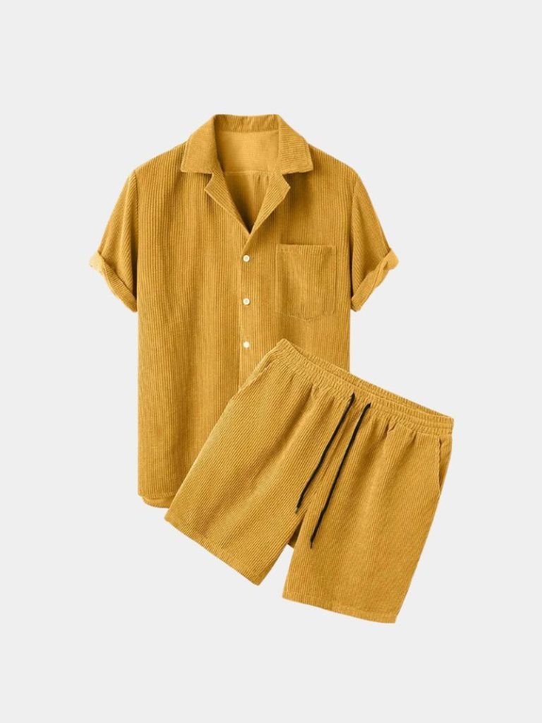 Montaracrest summer corduroy set with shorts and shirt, featuring a minimalist design and cross crown detail.