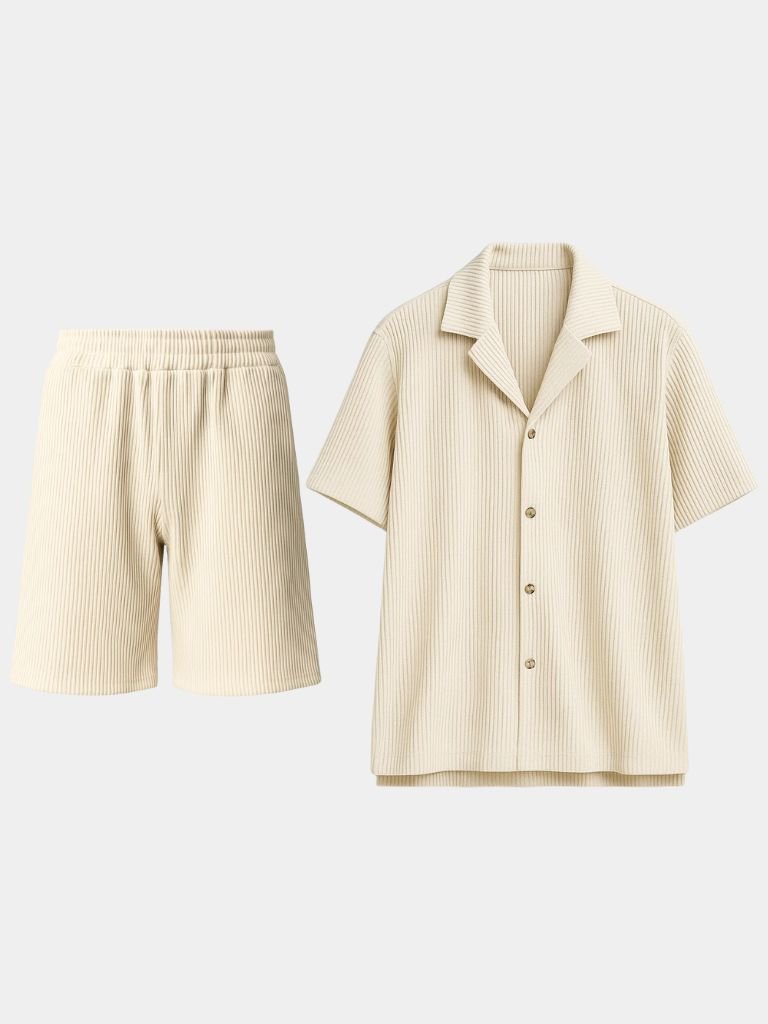 Montaracrest minimalista corduroy set with shorts and shirt, featuring a stylish, textured design and relaxed fit.