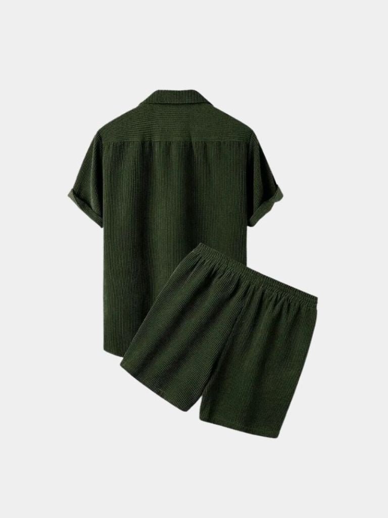 Minimalist corduroy summer set by Montaracrest with shorts and matching button-up shirt, featuring a subtle crown detail.