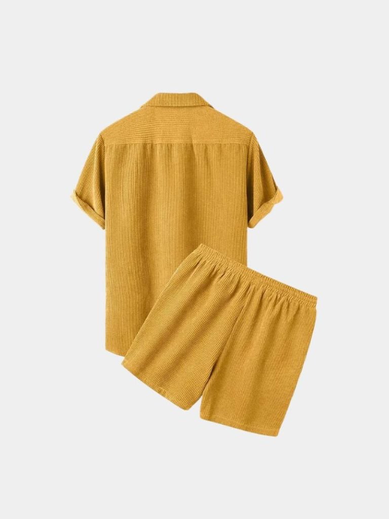 Minimalist Montaracrest corduroy summer set with shorts and shirt, featuring a cross crown detail on the fabric.