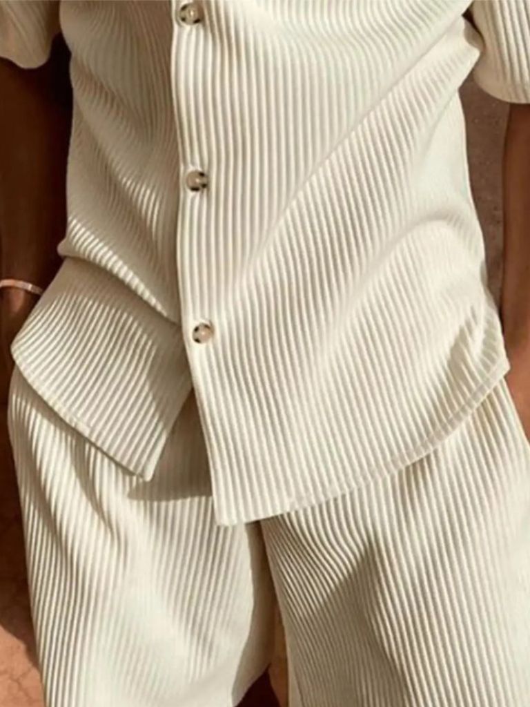 Montaracrest minimalist corduroy set featuring a short-sleeve shirt and matching shorts in a sleek, stylish design.