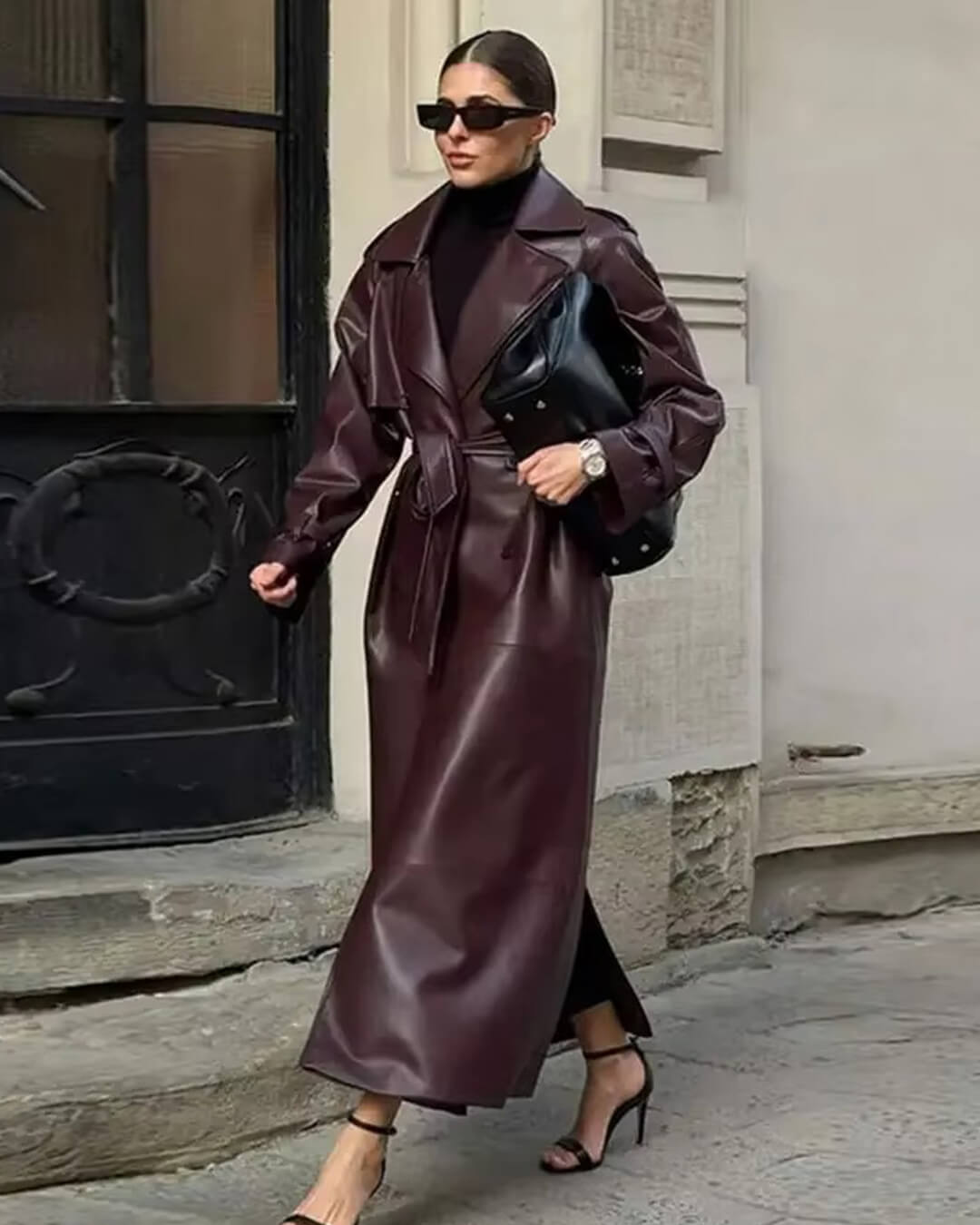Cassy Faux Leather Maxi Trench Coat