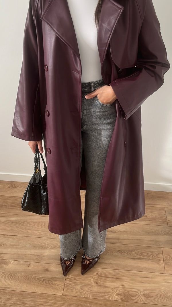 Cassy Faux Leather Maxi Trench Coat