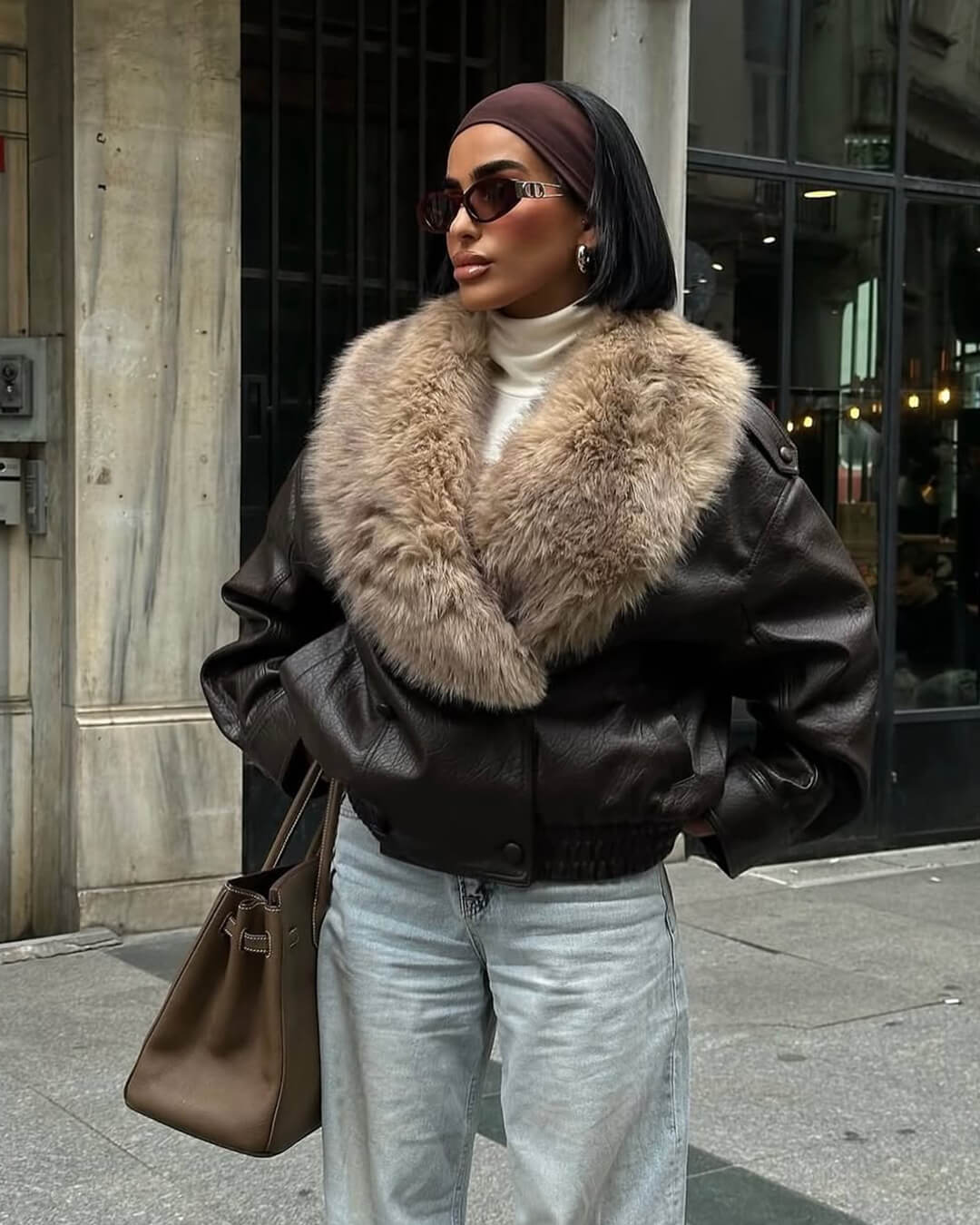 Francesca Faux Leather Jacket with Detachable Fur Collar