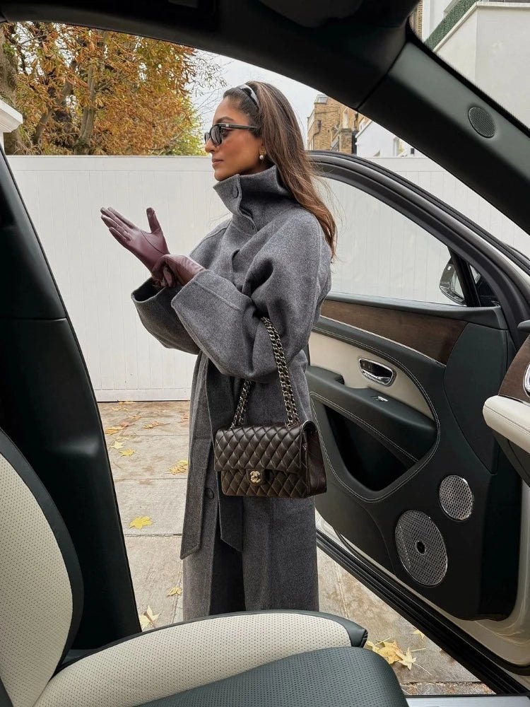 Sheryl Stand Up Collar Belted Long Coat