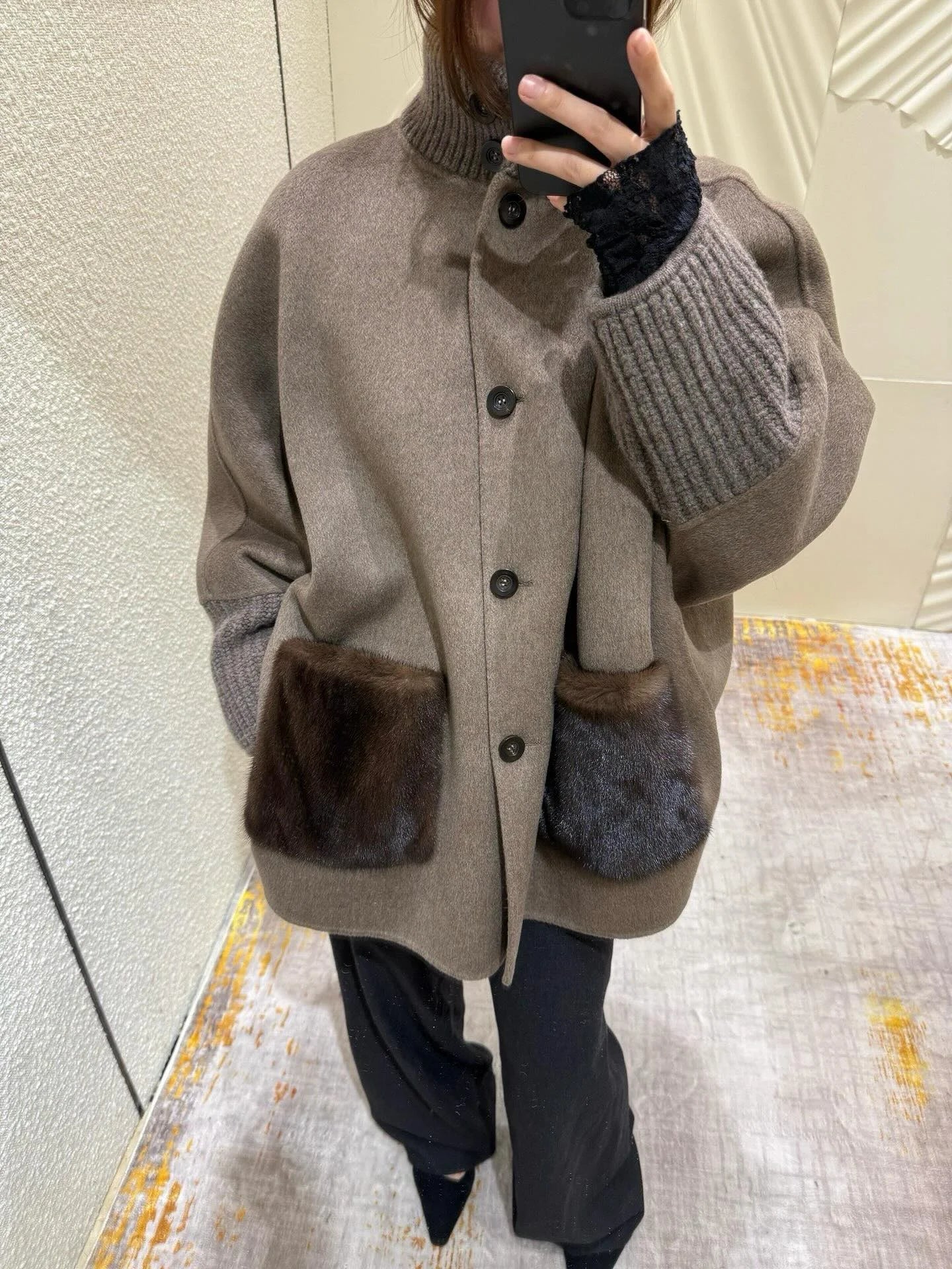 Terry Turtleneck Faux Fur Knit Coat