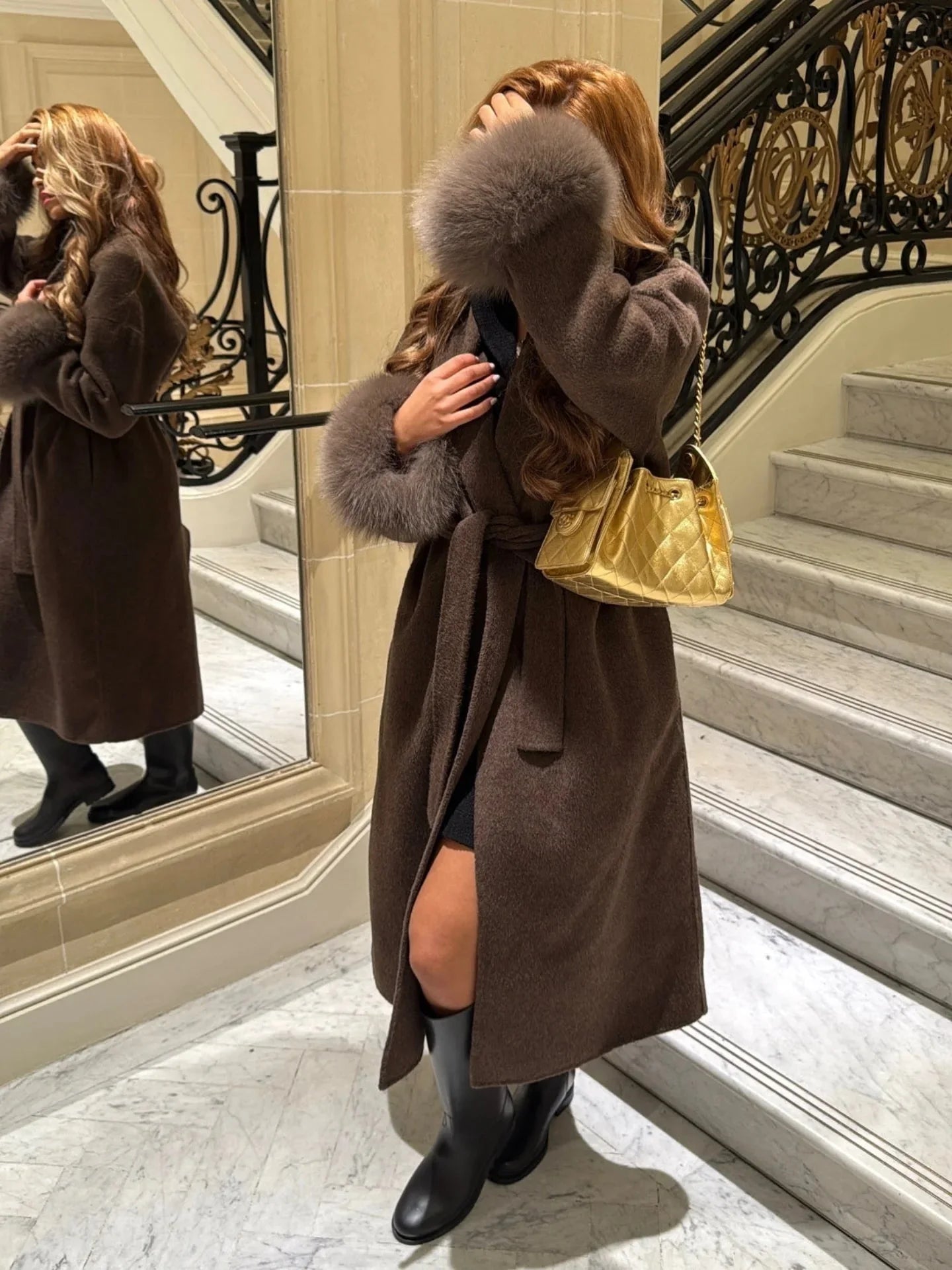 Wool Wrap Coat with Fox Fur Cuff