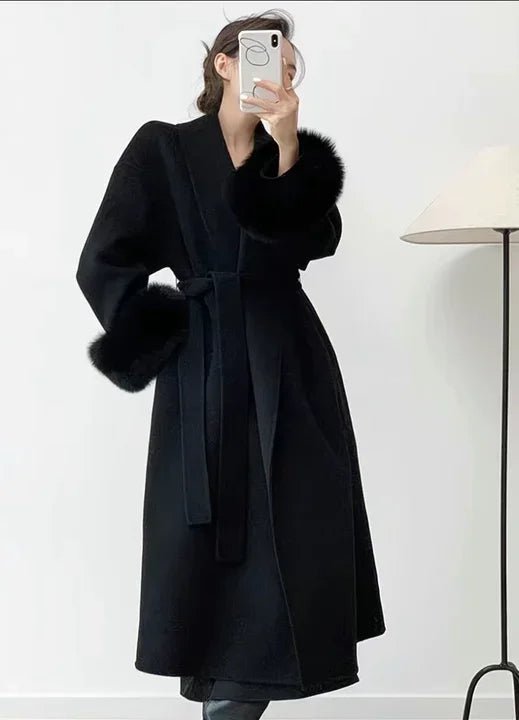 Wool Wrap Coat with Fox Fur Cuff