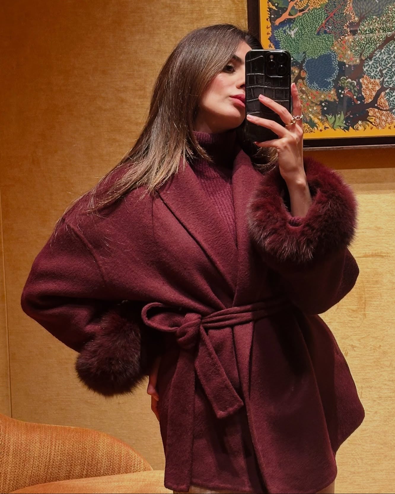 Wool Wrap Coat with Fox Fur Cuff