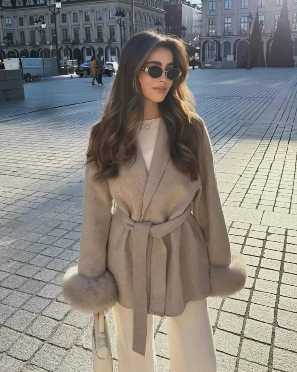 Wool Wrap Coat with Fox Fur Cuff