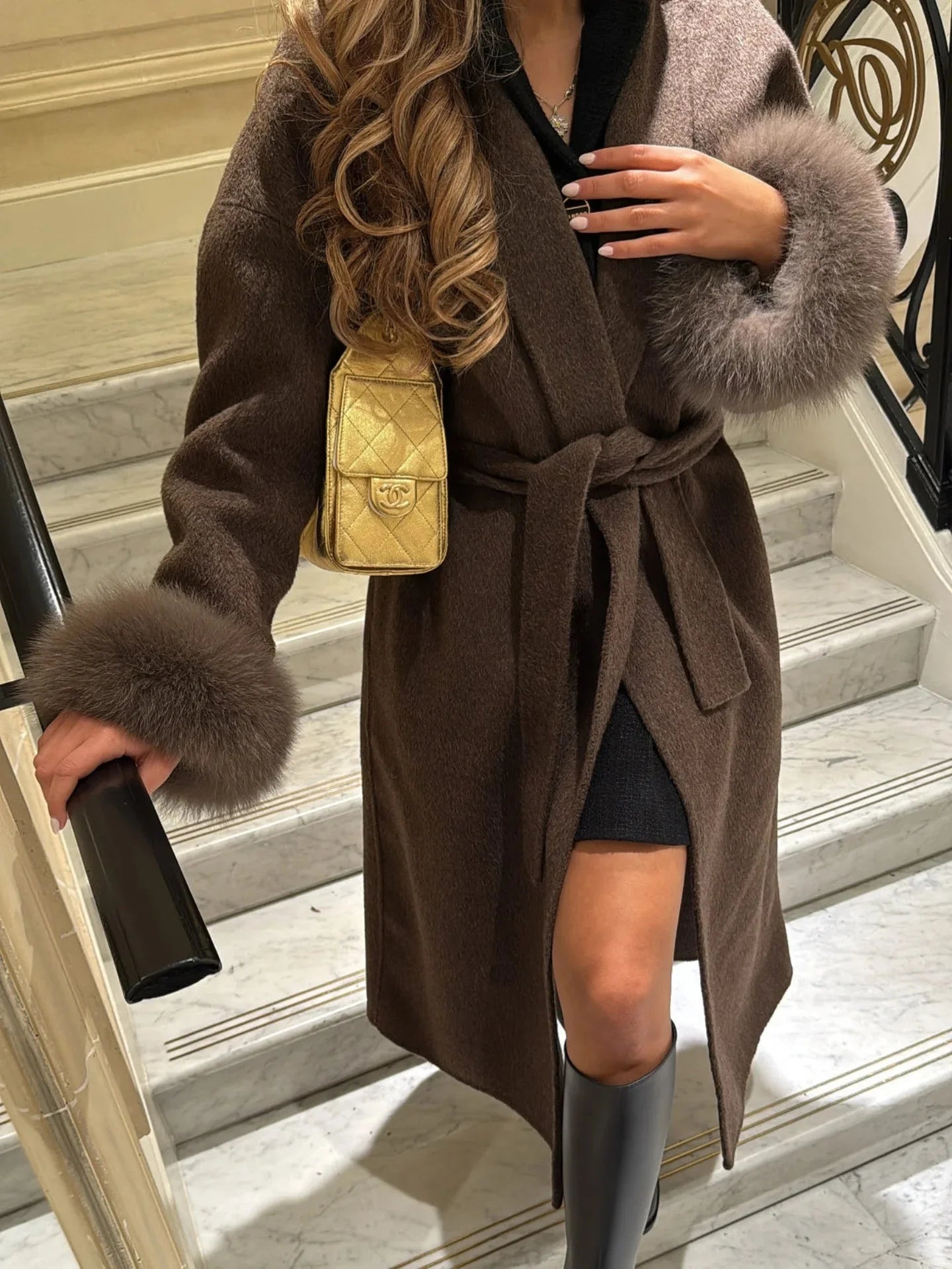 Wool Wrap Coat with Fox Fur Cuff