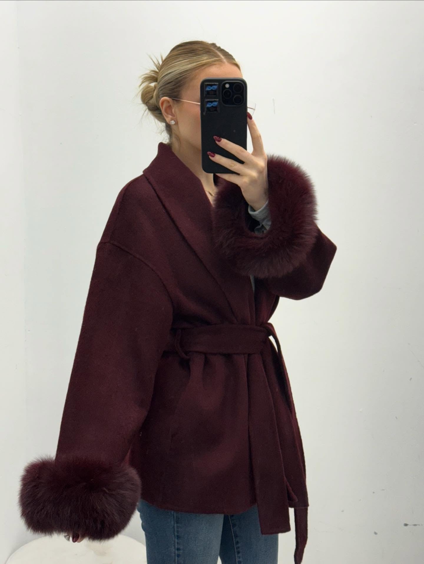 Wool Wrap Coat with Fox Fur Cuff
