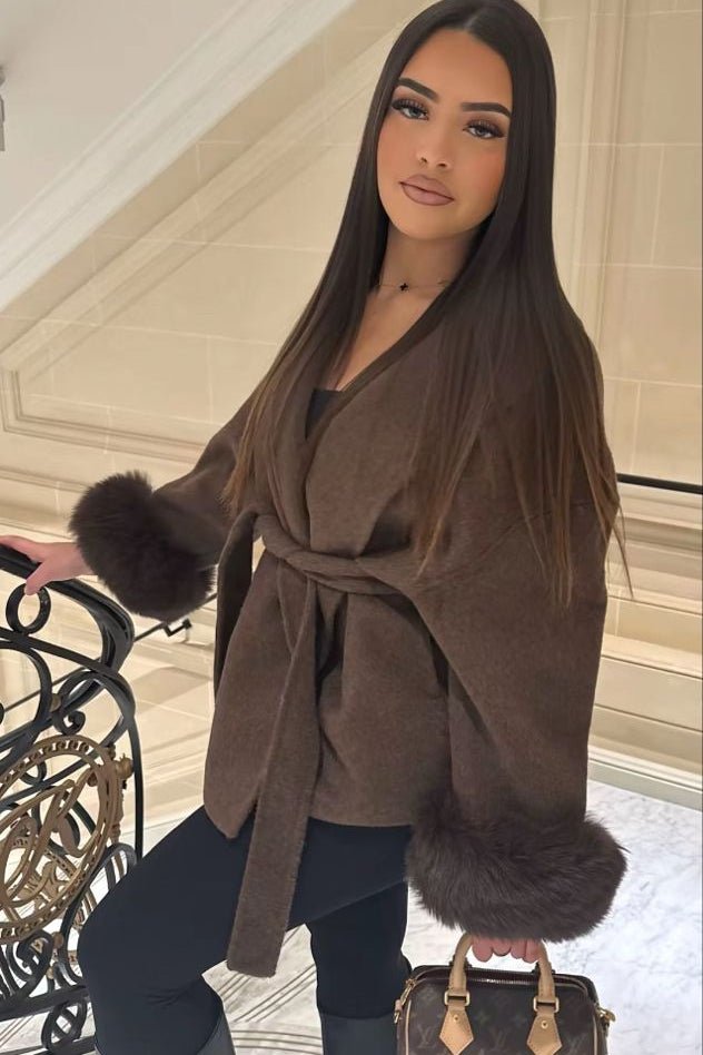 Wool Wrap Coat with Fox Fur Cuff