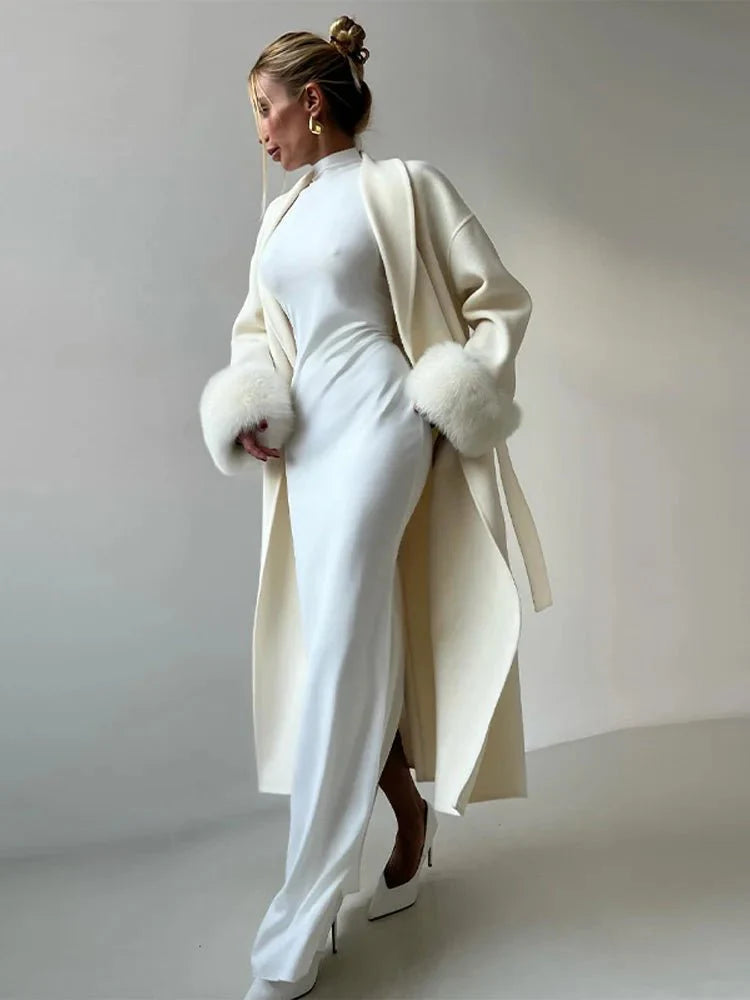 Wool Wrap Coat with Fox Fur Cuff