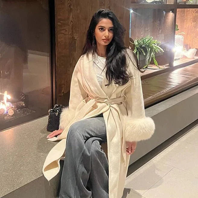 Wool Wrap Coat with Fox Fur Cuff