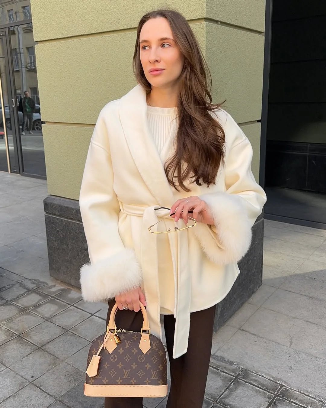 Wool Wrap Coat with Fox Fur Cuff