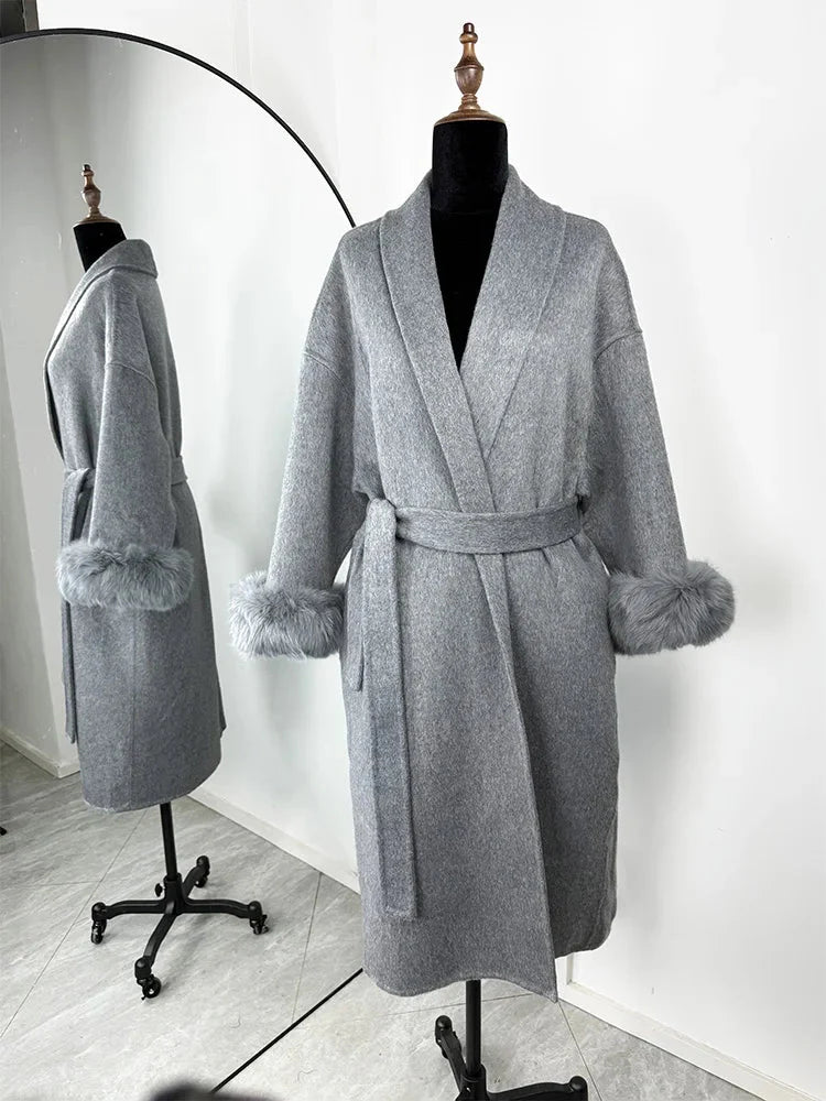 Wool Wrap Coat with Fox Fur Cuff