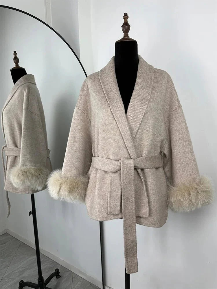 Wool Wrap Coat with Fox Fur Cuff