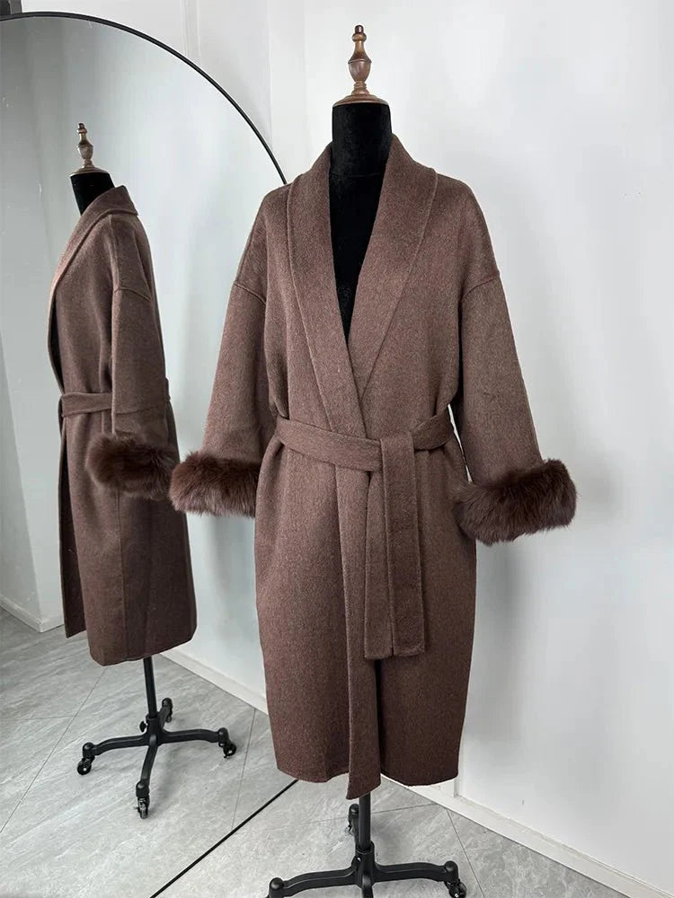 Wool Wrap Coat with Fox Fur Cuff