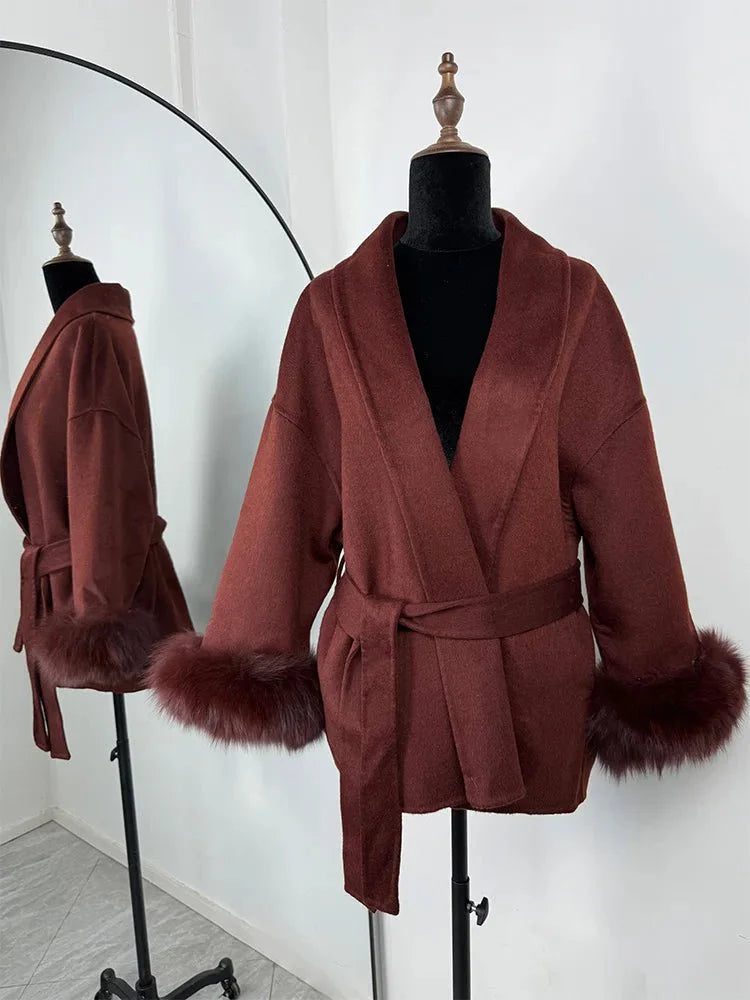 Wool Wrap Coat with Fox Fur Cuff