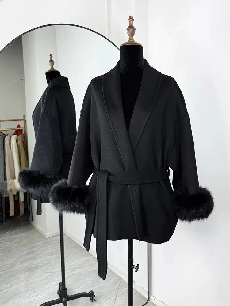 Wool Wrap Coat with Fox Fur Cuff