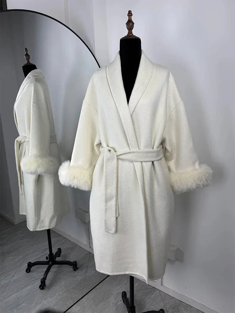 Wool Wrap Coat with Fox Fur Cuff